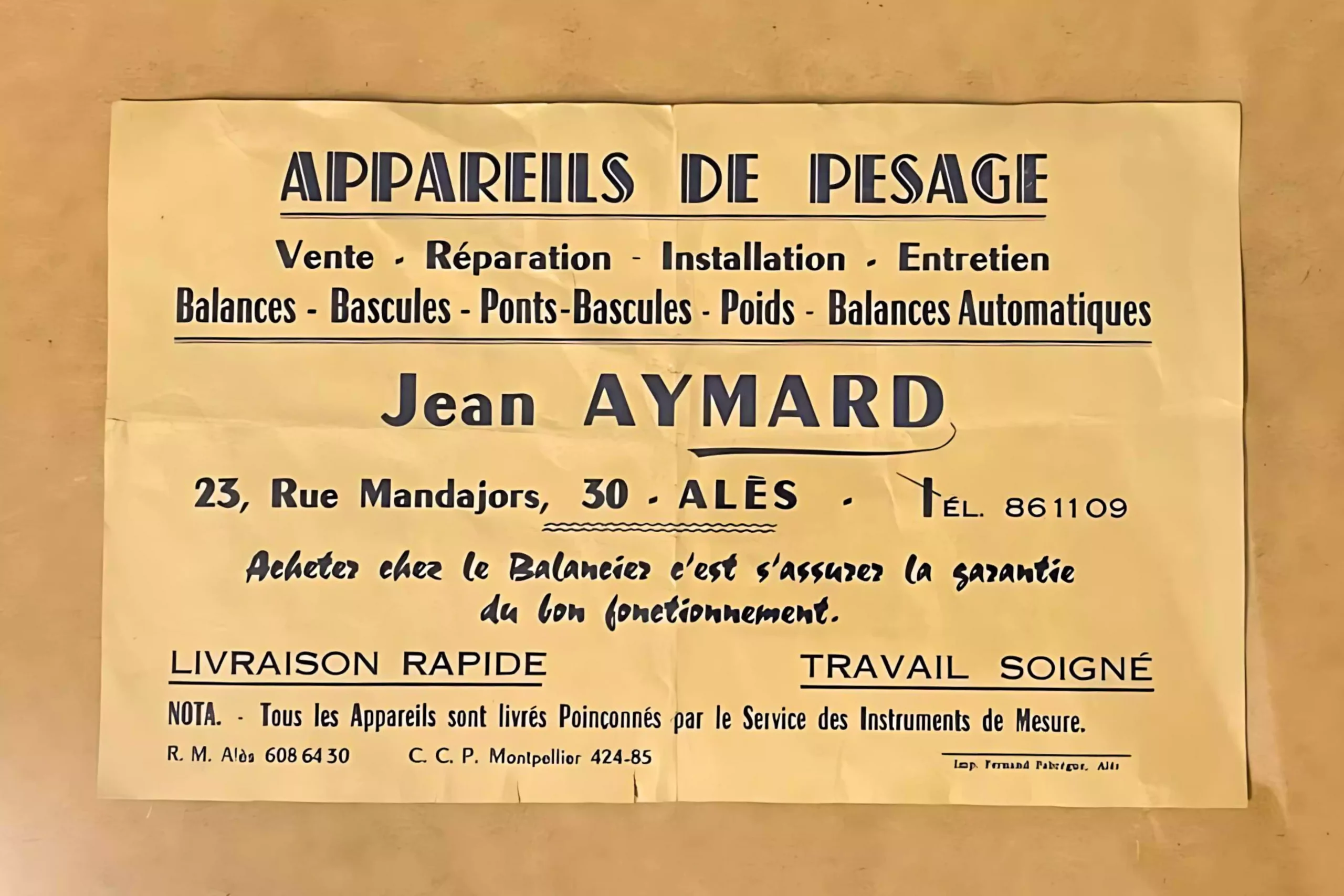 Étiquette commerçante daté des années 50 du fondateur d'Aymard Pesage - Jean Aymard.